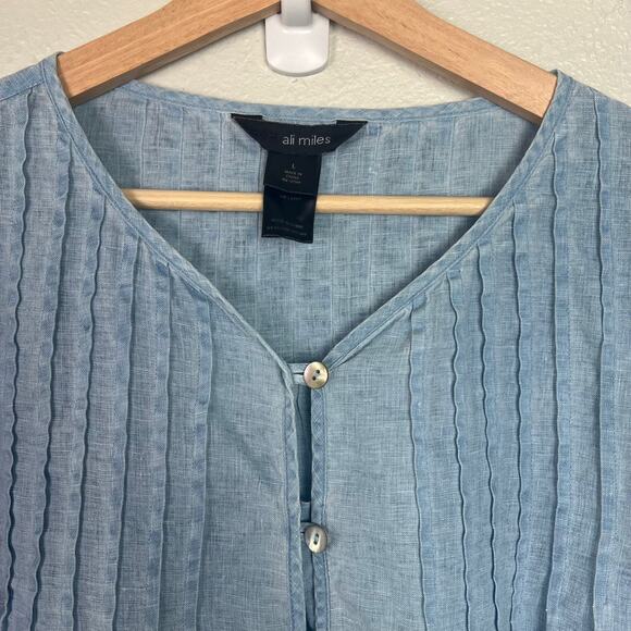Ali Miles Women's Large 100% Linen Chambray Blue Roll Tab Sleeve Button Up Top - Picture 2 of 8